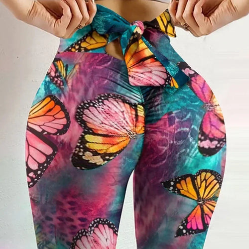 Butterfly Print Yoga Leggings - High-Waisted Bow Detail Workout Pants